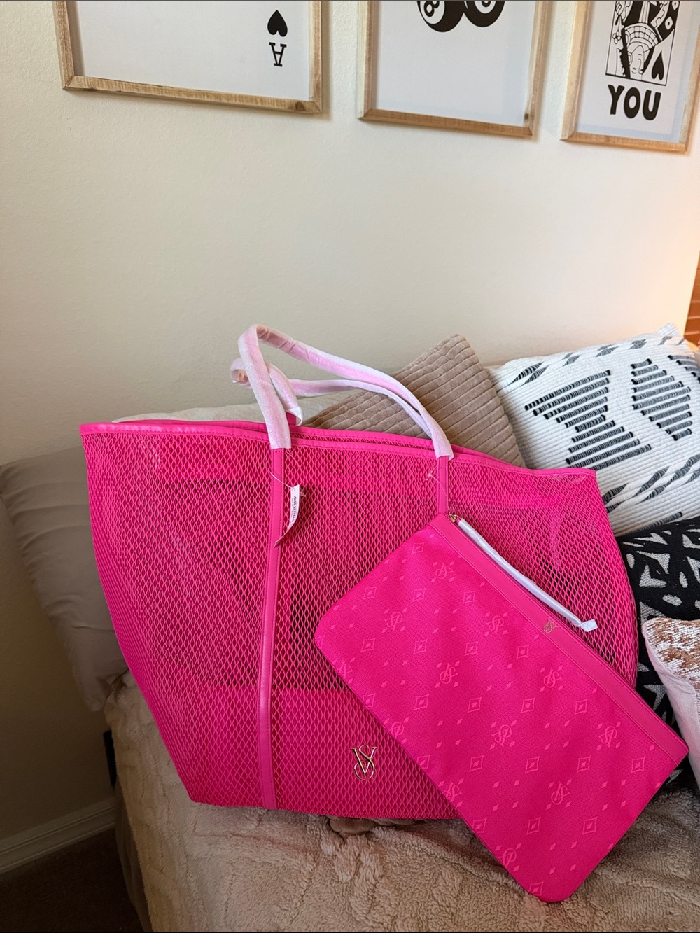Victoria’s Secret Bright Pink Mesh Tote with Matching Pouch